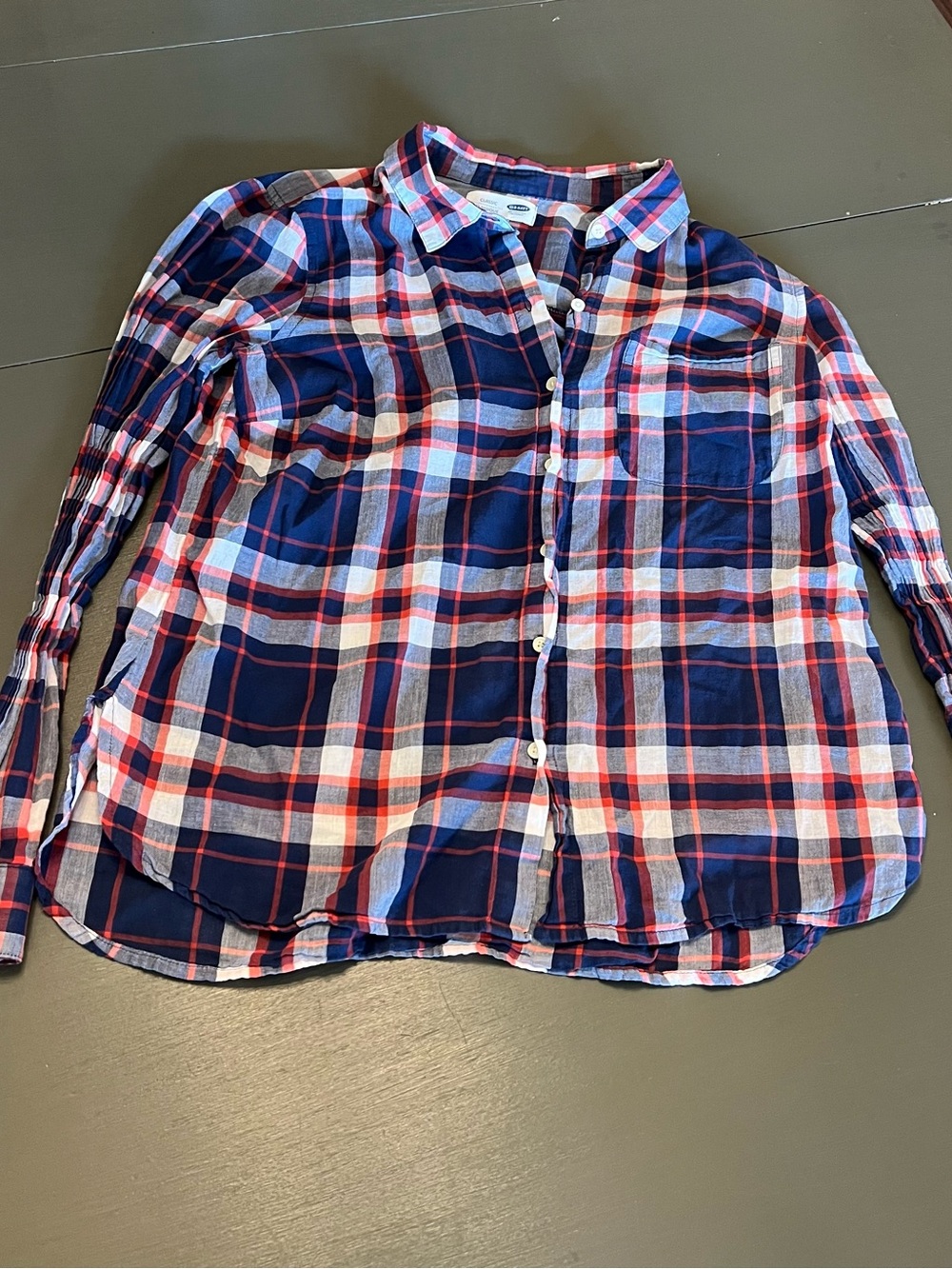 Old Navy Navy, Red & White Plaid Button-Down Shirt